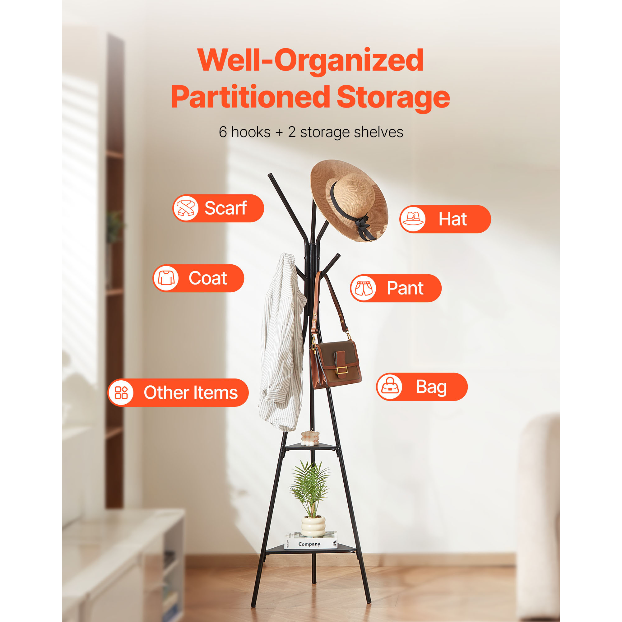 Coat Rack Freestanding Coats Rack Stand With 2 Shelves & 6 Hooks_voghion.com
